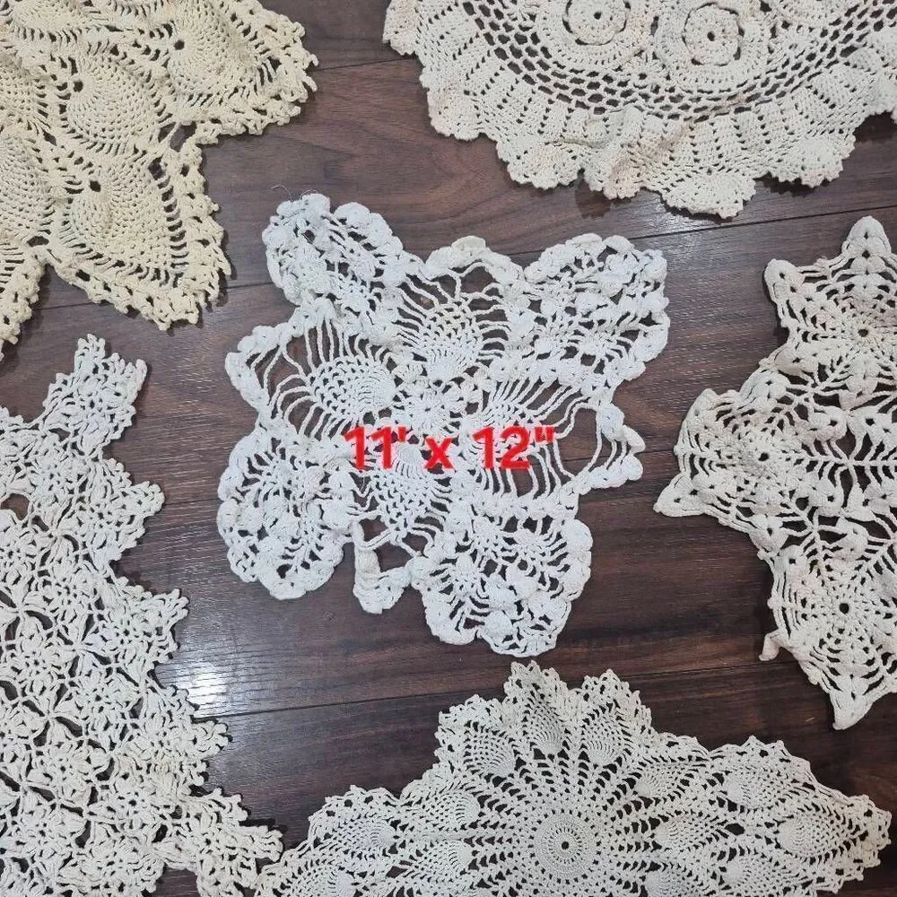 Crochet, 6 Vintage Large White & Ecru Cotton Doilies, Handmade